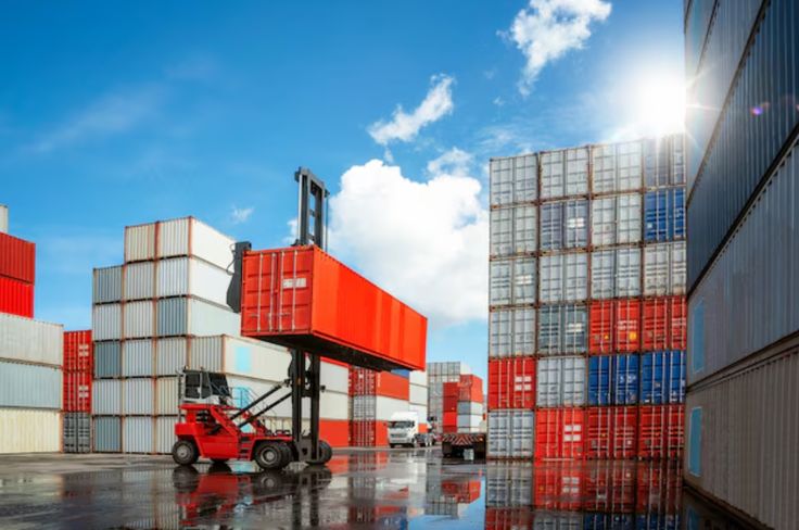 Containers and cargo operations at a busy freight terminal